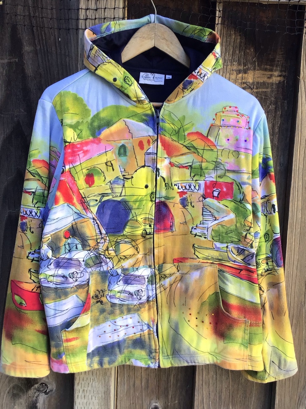 Michael Leu Art Graphic Zip Up Hoodie Womens 1x Colorful Print All Over Print